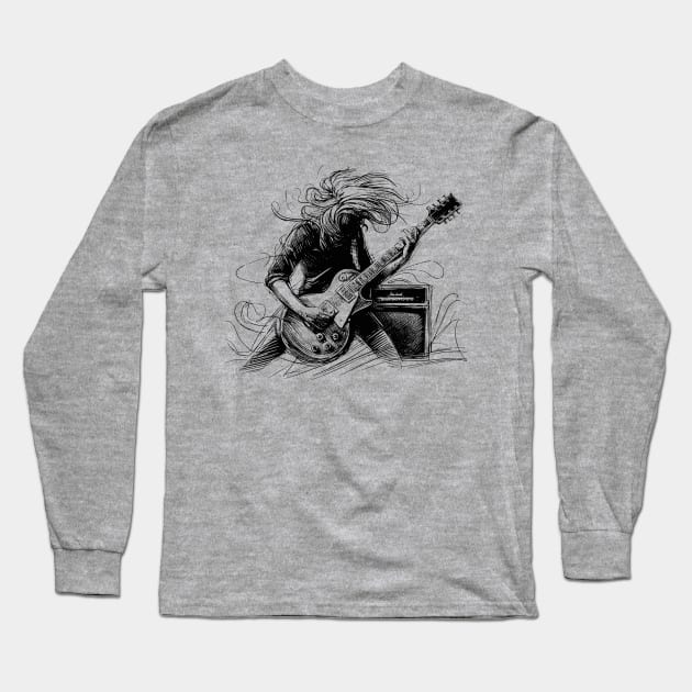 Rock Star Guitarist Concert Tee | Classic Electric Guitar Long Sleeve T-Shirt by Mad Monkey Creations